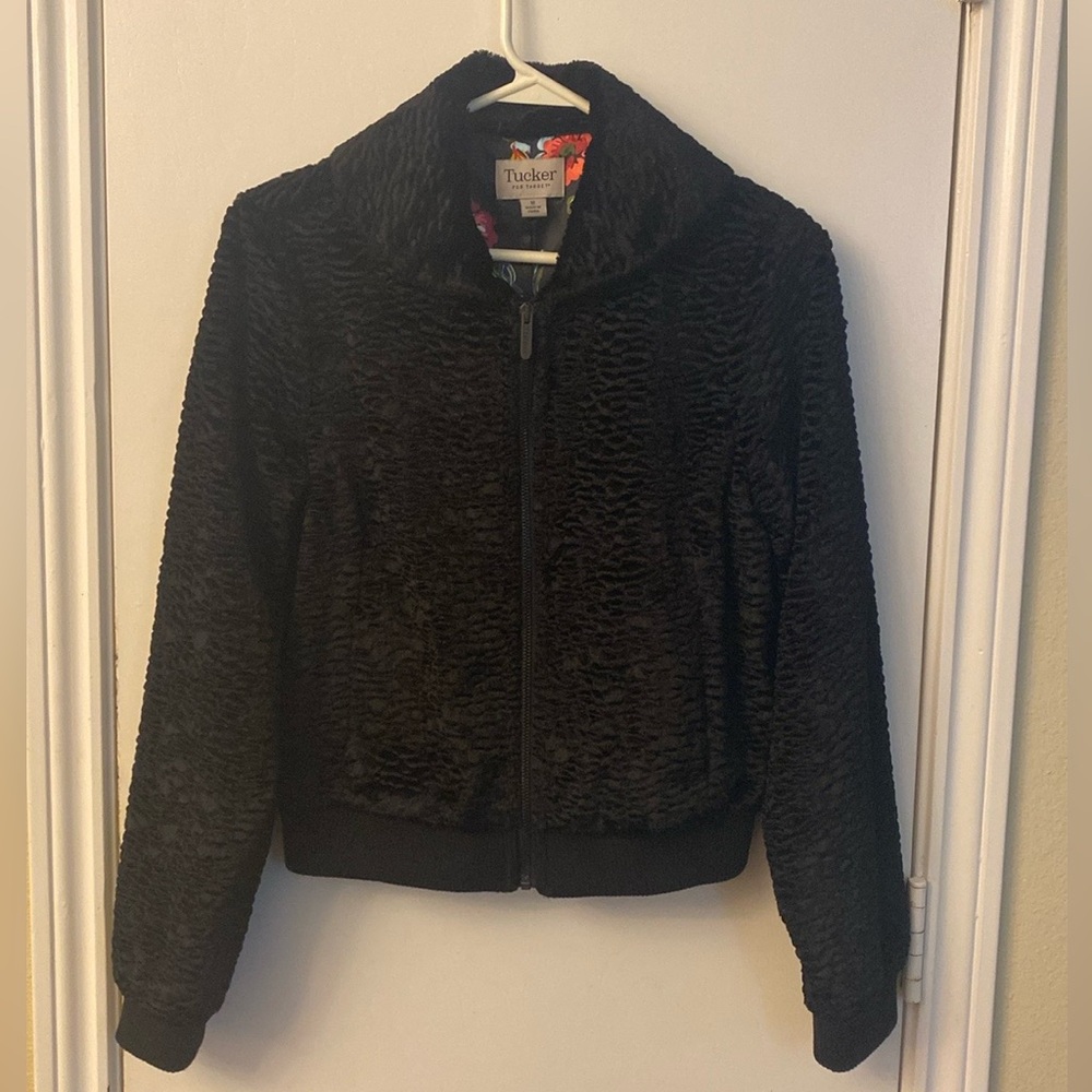Tucker Black Faux Fur Persian Jacket, Floral Satin Lining